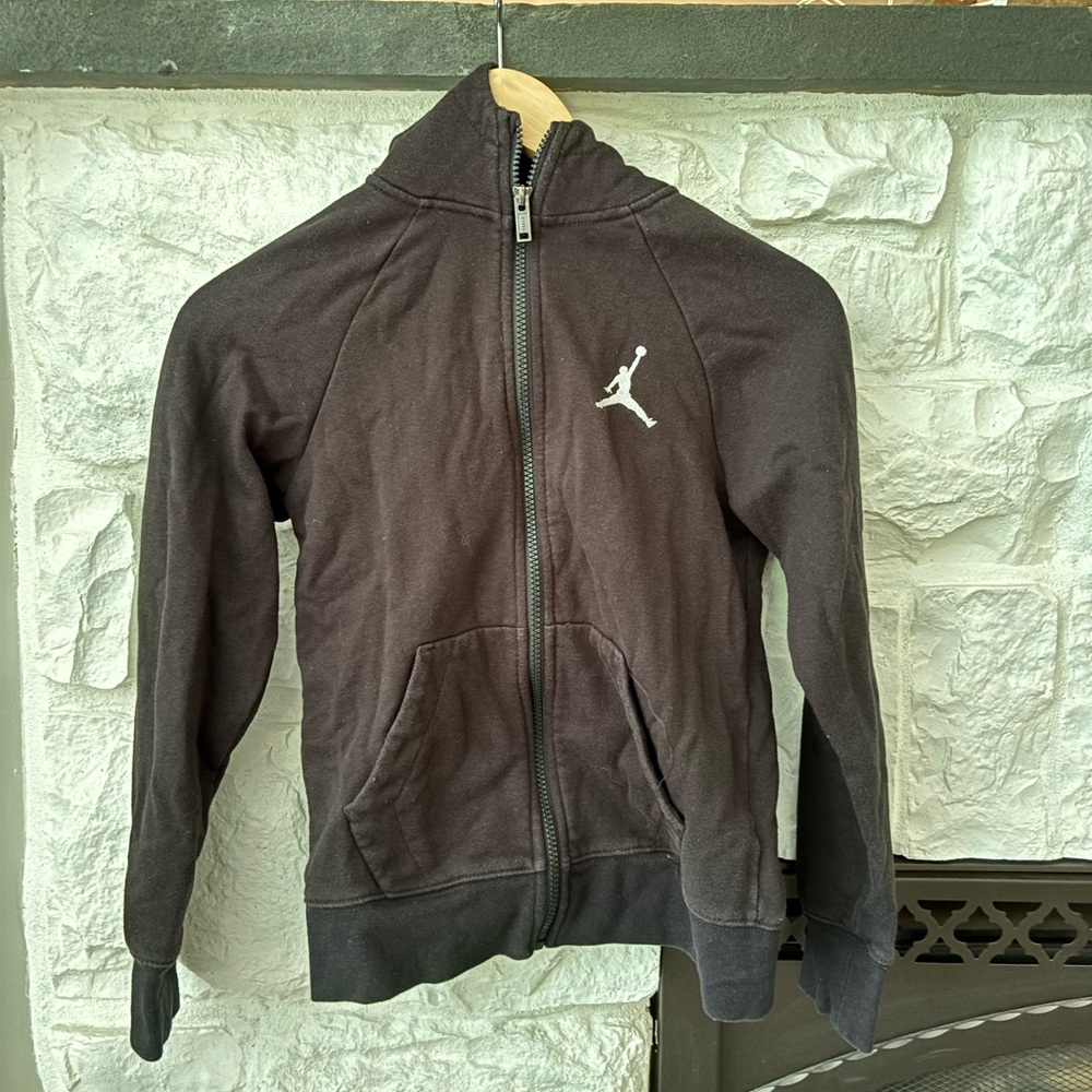 black zip front air Jordan hoodie youth medium with embroidered white Jordan